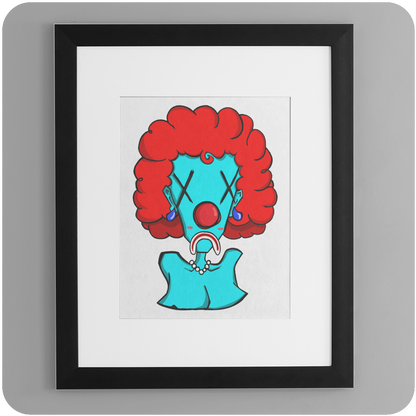 Framed 5x7 Insane Clown Pussy art print showcasing stylized blue clown woman with red curly hair, pearl necklace, and exaggerated frown.