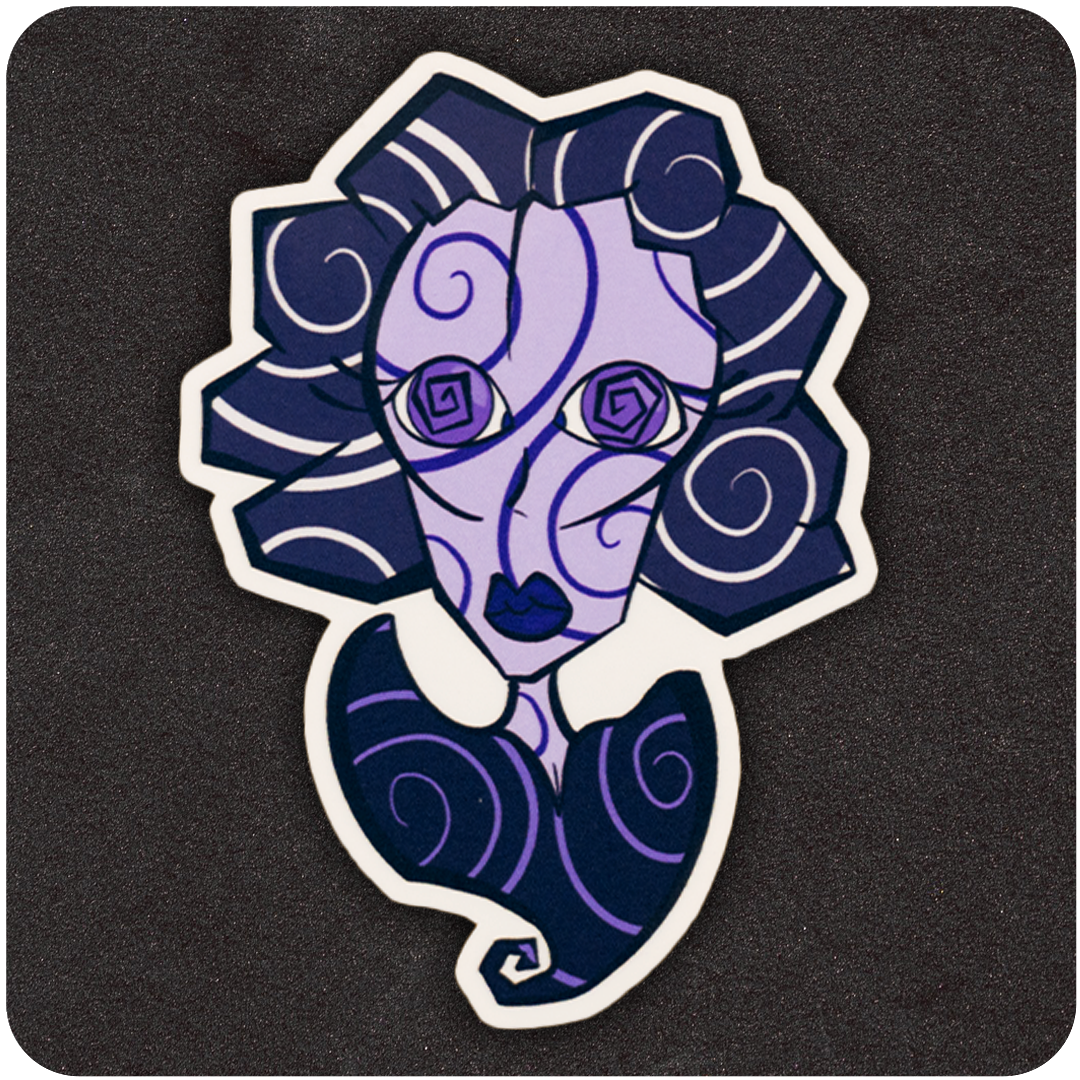 The Casual Covert Spiraling Vinyl sticker. A woman bust made of purple spirals.