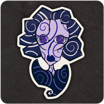 A vinyl sticker featuring an abstract purple and navy-blue bust of a stylized figure with swirling patterns across the face and hair. The face has spiral eyes, blue lips, and exaggerated hair composed of geometric, swirling shapes. Displayed on a textured black background.