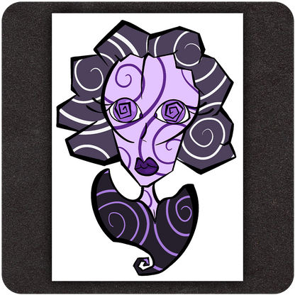 Unframed art print of a stylized purple and black portrait titled "Spiraling", featuring a geometric female face with spiral eyes and swirling patterns throughout the face, hair, and shoulders. Displayed on a white background atop a dark textured surface.