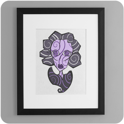 Framed art print of a stylized portrait titled "Spiraling", featuring a geometric female face with purple and black swirling patterns and spiral eyes. Displayed against a light grey wall with a black frame and white mat.
