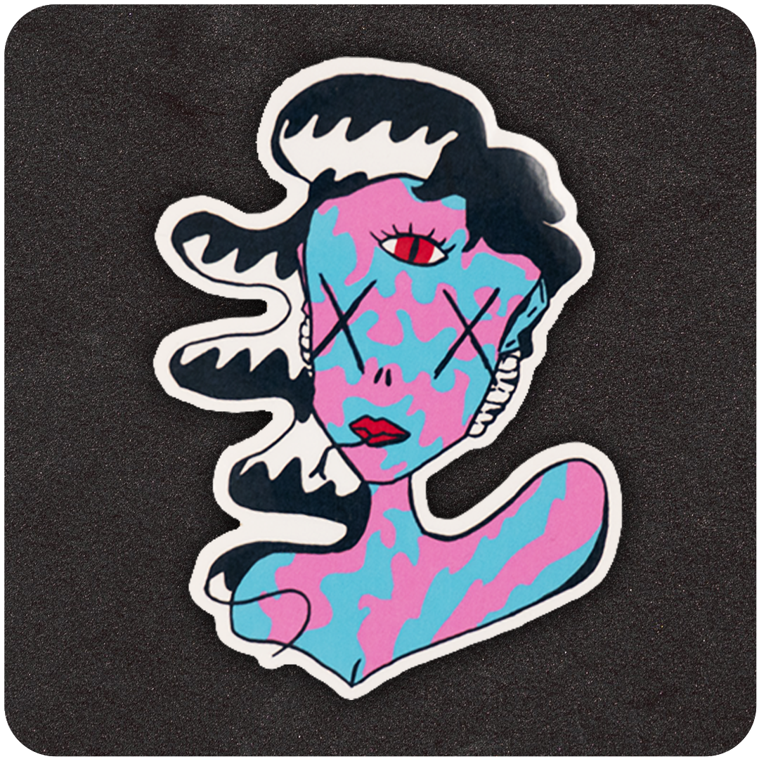 The Casual Covert TikTok Monster Vinyl Sticker. A woman that is blue and pink with a third red eye, black and white hair, and a snake tongue. 