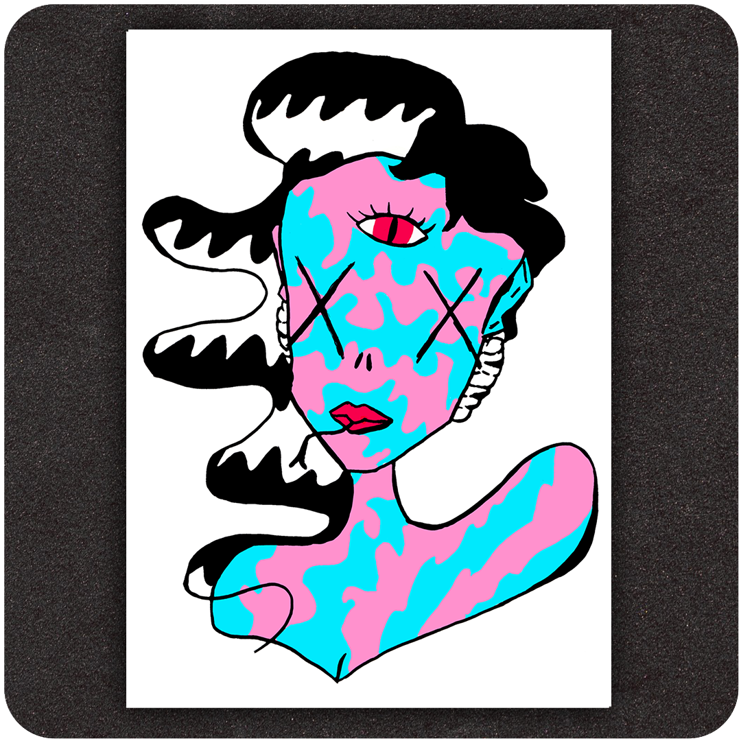 The Casual Covert TikTok Monster 5x7 Print. Shows a woman of pink and blue with a third eye and snake tongue.