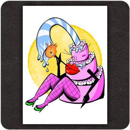 A quirky and colorful art print featuring a personified, pink birthday cake with human-like legs in fishnet stockings and green high heels. The cake has bold red lips and closed eyes with long lashes, adorned with blue and white frosting. A striped candle arches over the top, melting dramatically while igniting a flame at its tip. The background has a bright yellow watercolor circle, adding a pop of warmth and vibrancy. The artwork is displayed on a black textured surface.