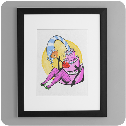 A framed art print hangs on a smooth gray wall, showcasing a bold, eccentric illustration of a pink birthday cake character with a whimsical, anthropomorphic twist. The cake figure has curvy, feminine legs in pink fishnet stockings and green heels, large red lips, and eyes closed in a sultry expression. A tall blue-and-white striped candle arches dramatically over its head, dripping wax and lighting a small flame.