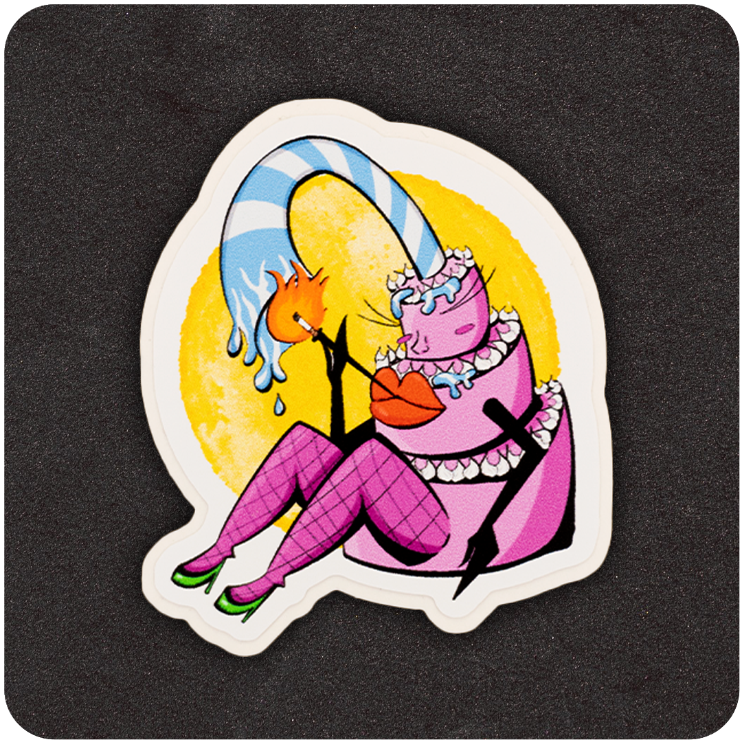 The Casual Covert Trashy Birthday Cake Vinyl sticker. Shows a big lipped pink cake lighting its own cigarette with it's candle. 