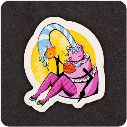 A whimsical vinyl sticker depicting a playful, anthropomorphic birthday cake character. The pink, multi-layered cake has frosting, legs in fishnet stockings and green heels, and exaggerated lips. A long, striped birthday candle arches forward, dripping wax onto a flaming matchstick. The character lounges against a bright yellow background on a dark textured surface.