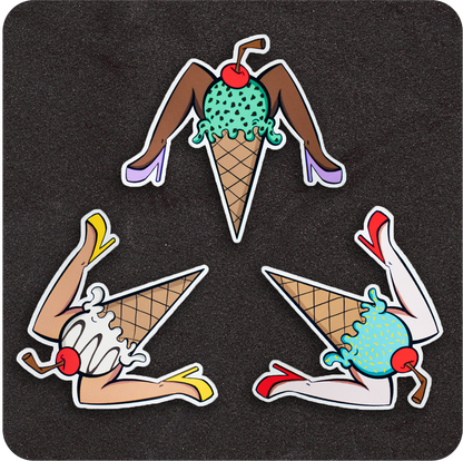A trio of playful vinyl stickers shaped like ice cream cones with human legs in high heels. Each cone features a different ice cream flavor and skin tone: mint chocolate chip with dark brown legs in purple heels, vanilla with medium skin and yellow heels, and blue sprinkle-covered ice cream with pale legs in red heels. All have a cherry and straw on top, mimicking classic pin-up poses, arranged in a triangle on a black background.